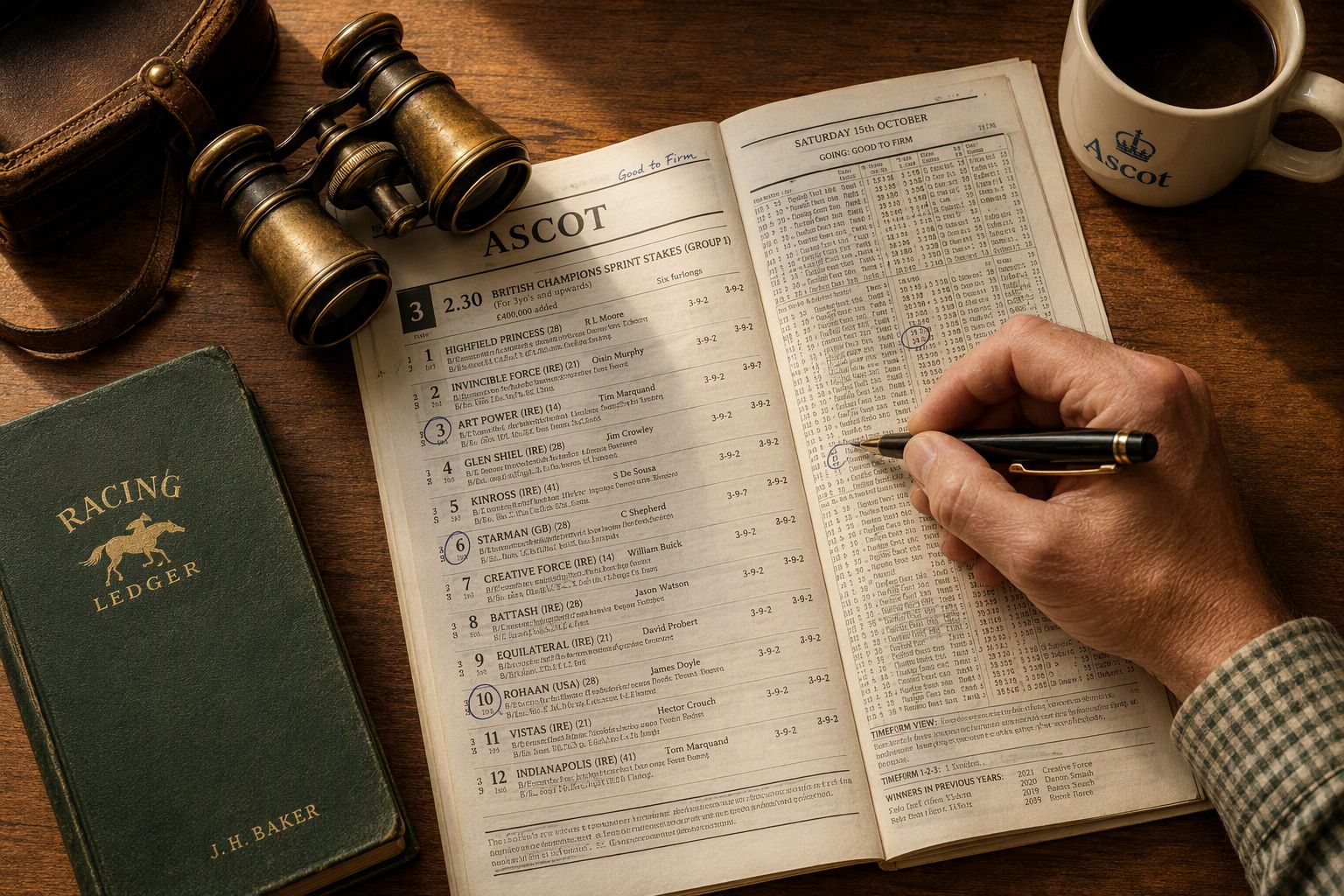 A racing form guide with binoculars and marked selections on a wooden table