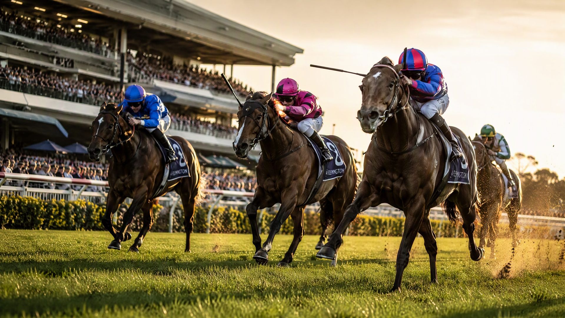 Thoroughbreds at full gallop down the straight at Flemington Racecourse at golden hour