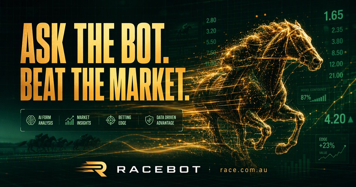 Racebot share card — golden horse silhouette with the tagline Ask the bot. Beat the market.